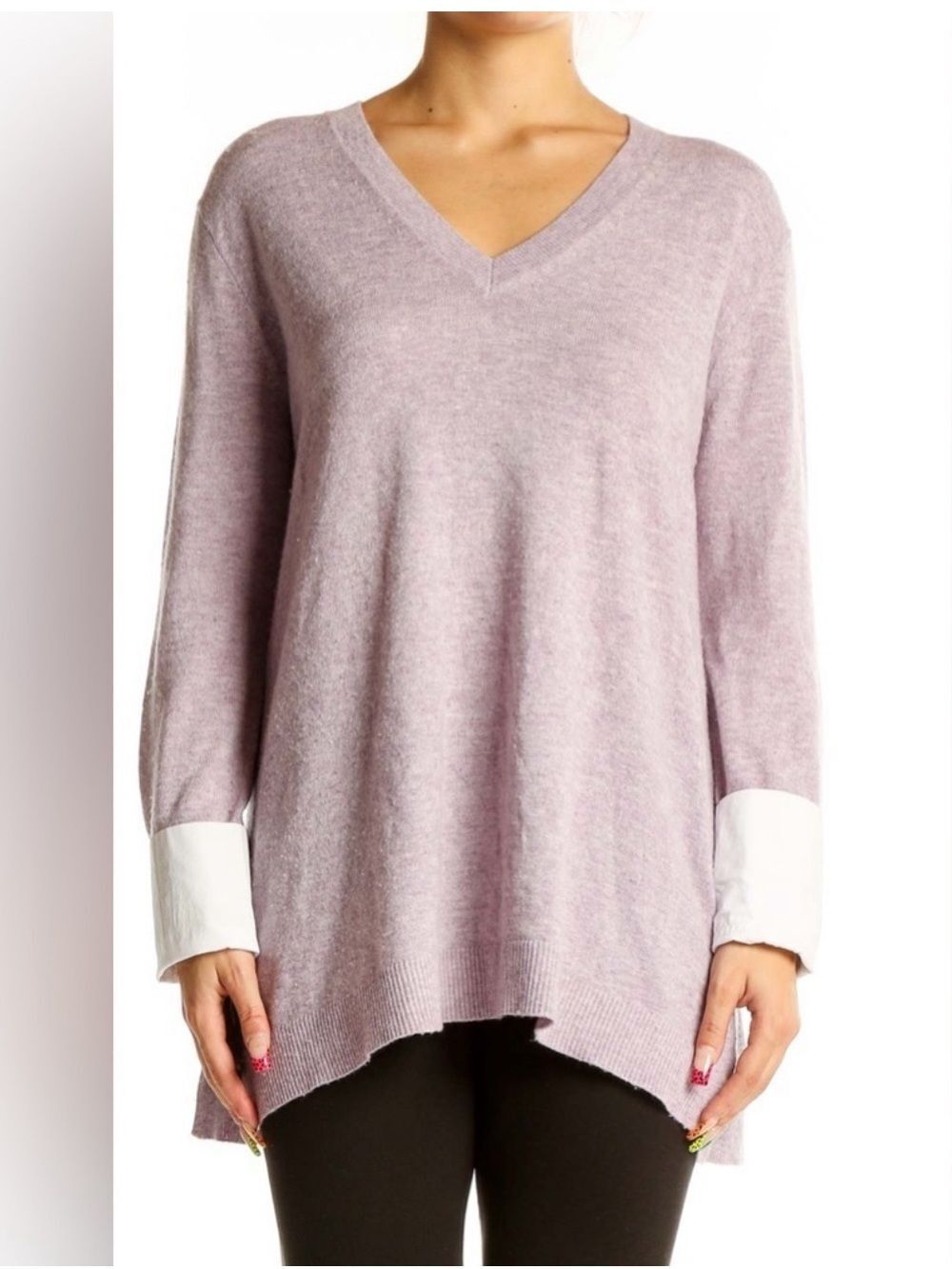 J. Crew Womens Wool Blend V-Neck Tunic Sweater Small Purple White Cuffed